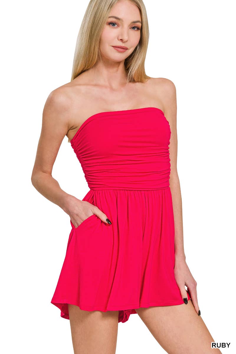 0429 Double Layered Strapless Tube Top Romper w/ Pockets SI-27473