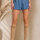 Denim Pleated Shorts with Bow Tie Detail