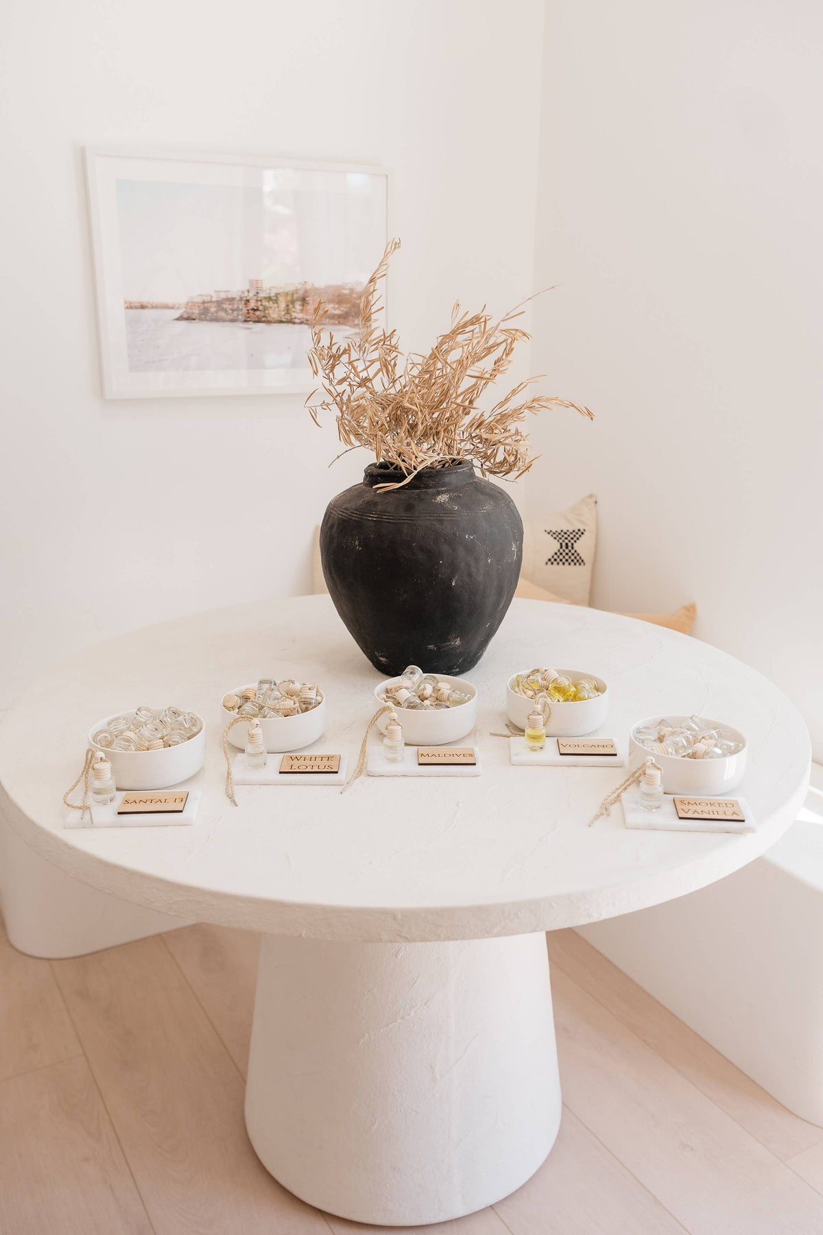 White Ceramic Bowl, Marble Display Riser and Wooden Block