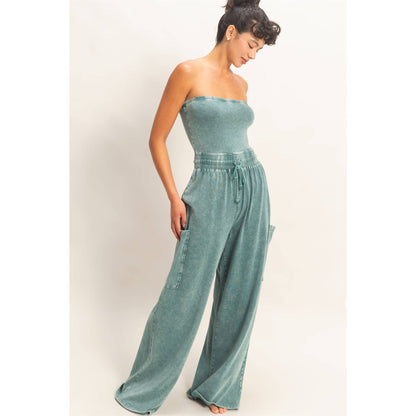 Mineral Wash Strapless Wide-Leg Jumpsuit
