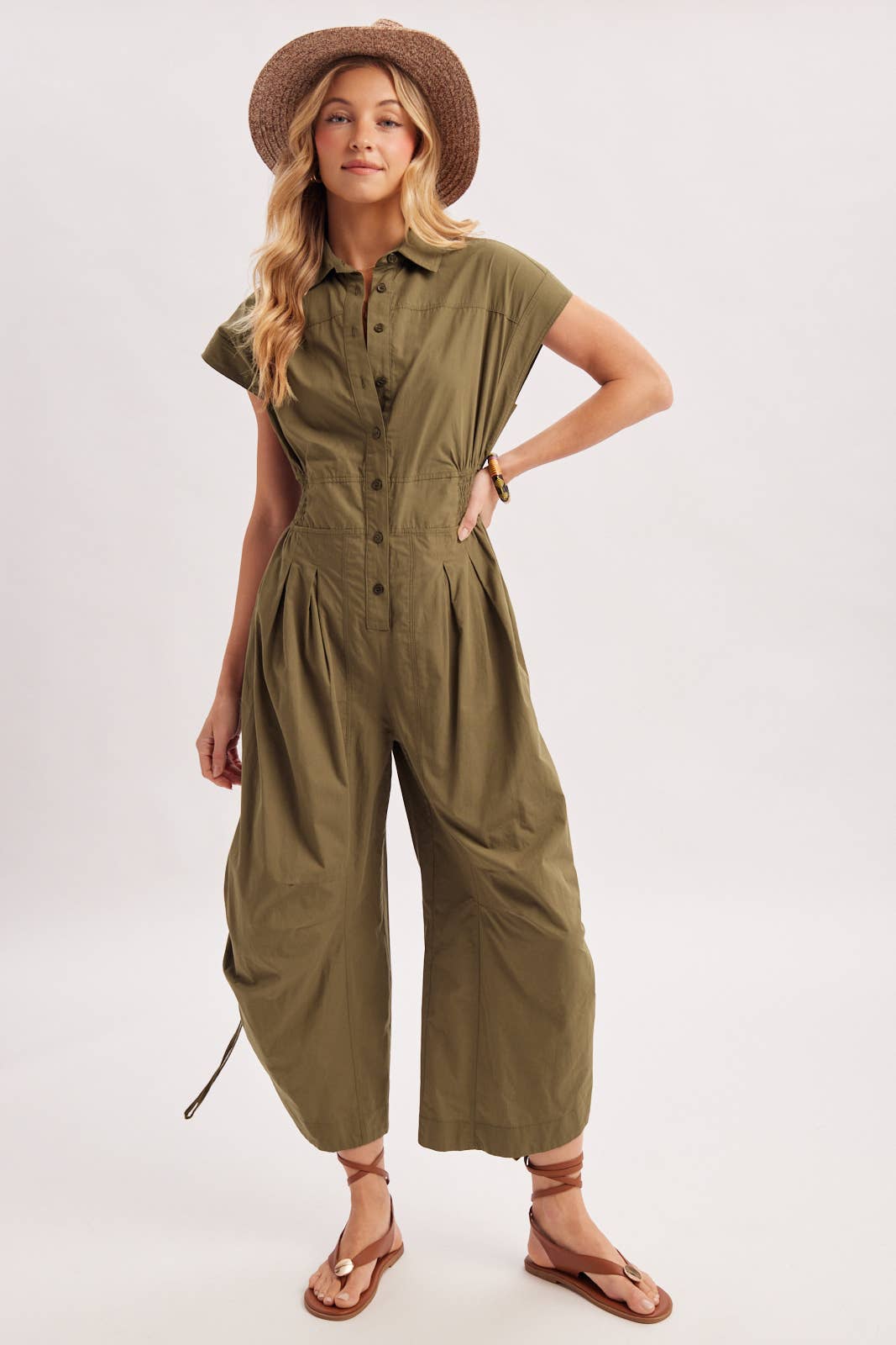 BUTTON DOWN UTILITY SHIRTING JUMPSUIT