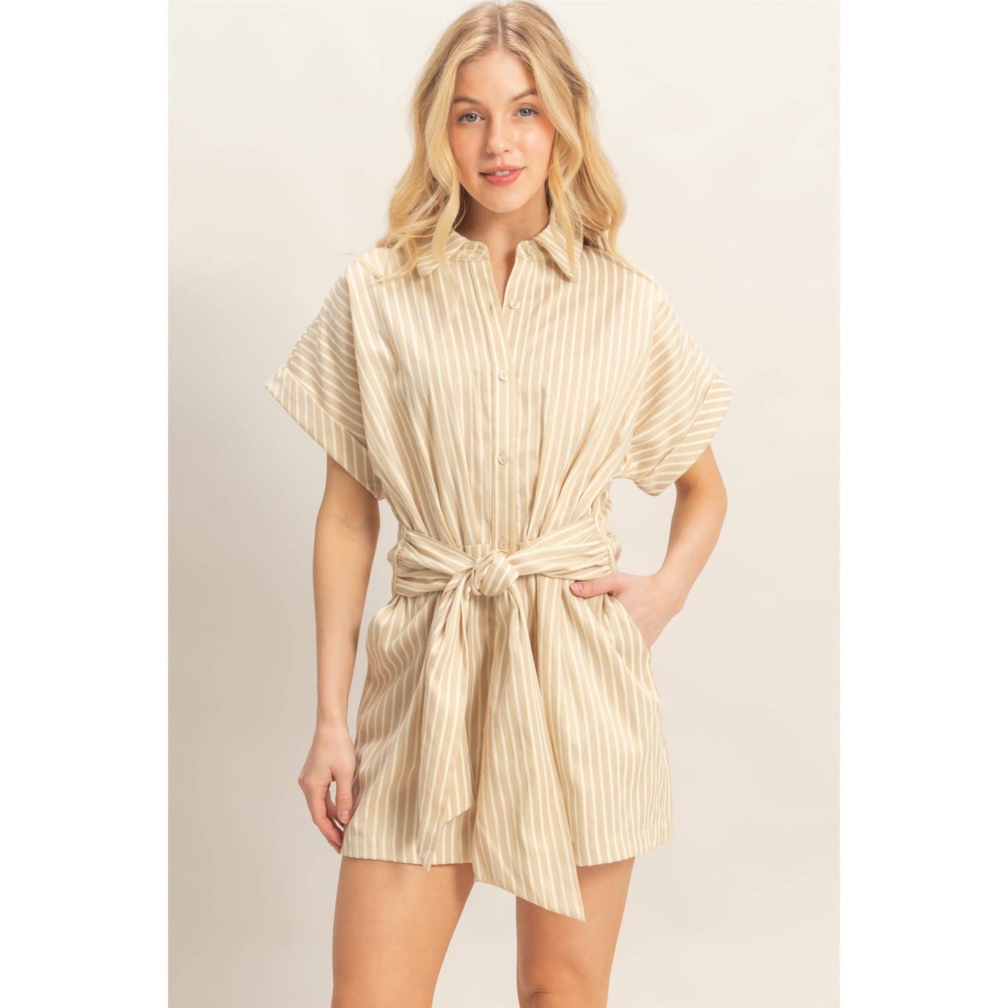 Collared Striped Romper With Sash