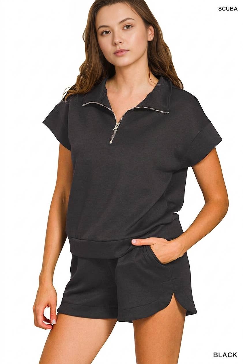 Scuba High Neck Half Zip Top & Dolphin Shorts Set Zenana