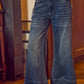 WIDE LEG FLARE WASHED DENIM JEANS WITH SIDE SEAM