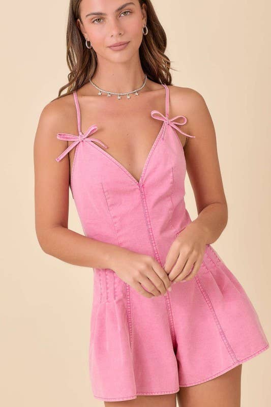 Washed Denim V-Neck Romper with Pleat Detail & Tie Straps
