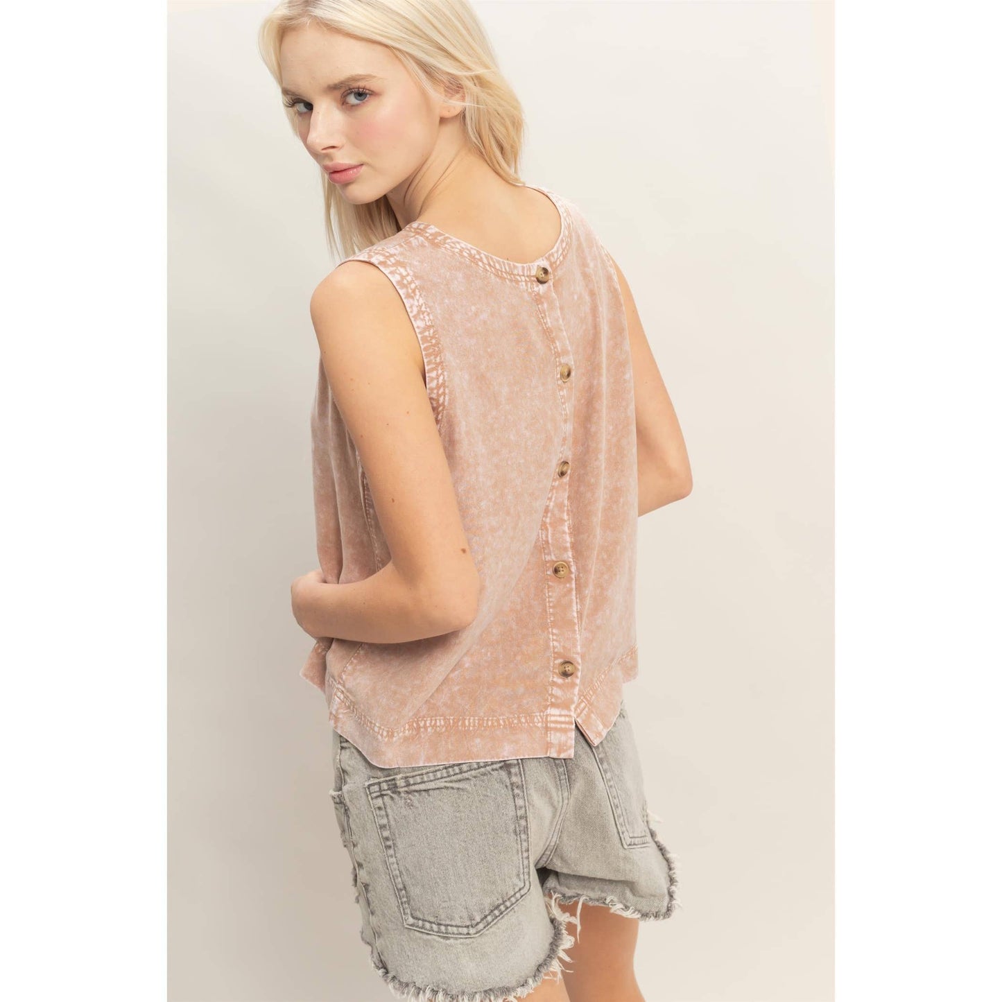 Mineral Wash Button Back Sleeveless Top
