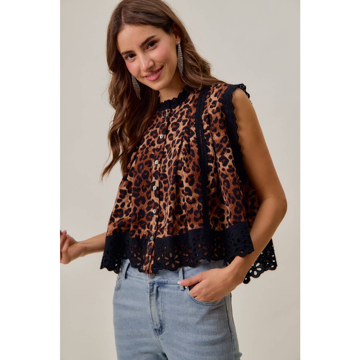 LEOPARD BUTTON UP PLEATED SLEEVELESS BLOUSE TOP
