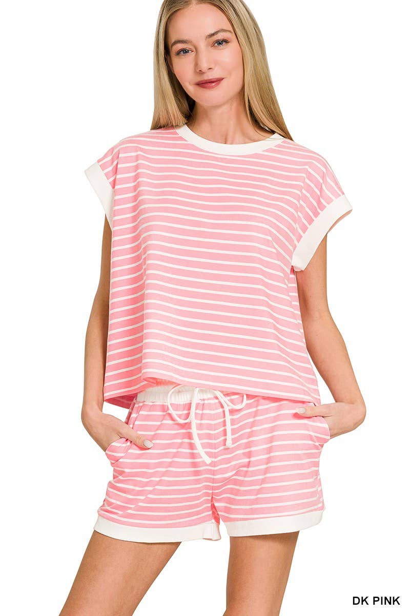 Stripe Contrast Trim Top And Shorts Set