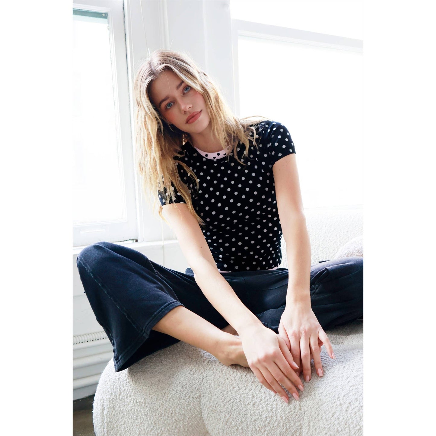 Polka Dot Short Sleeve Crew Neck Top