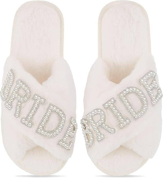Open-Toe Fuzzy Bridal Slippers - Bride