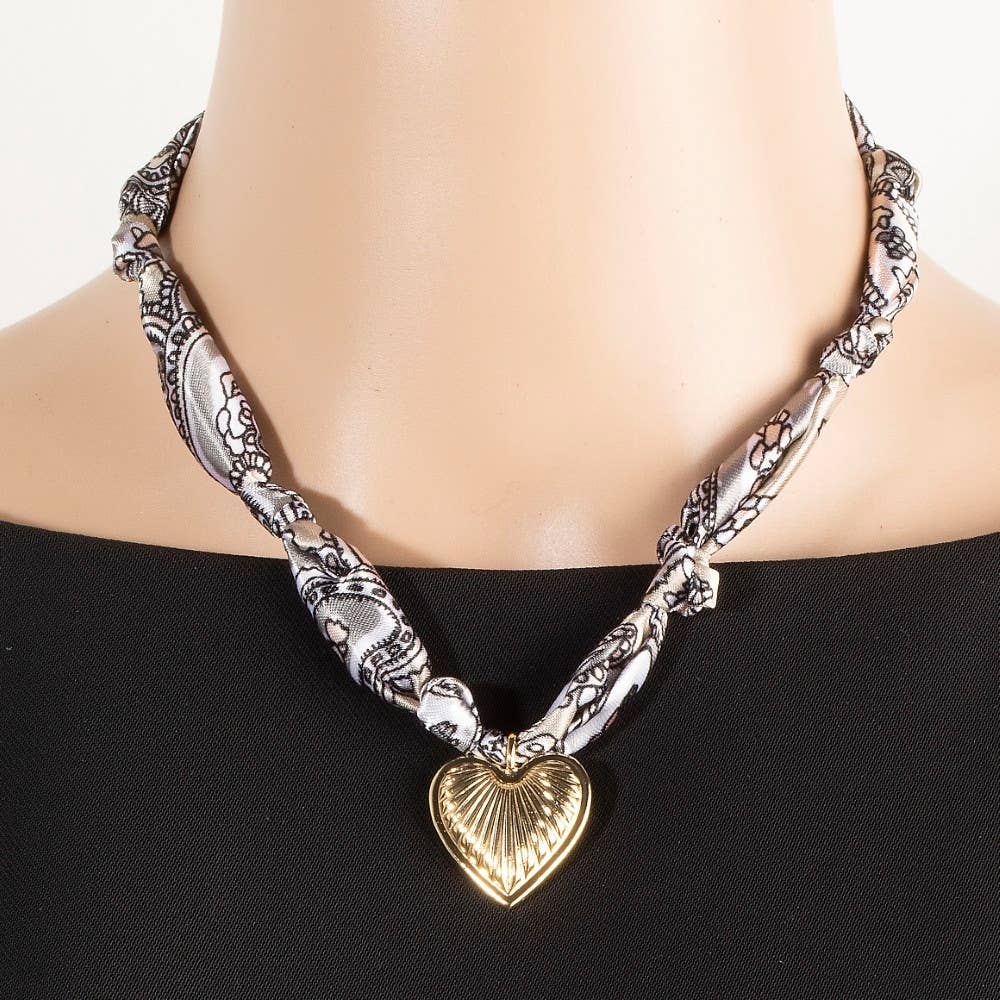 Textured Heart Pendant Knotted Bandana Necklace