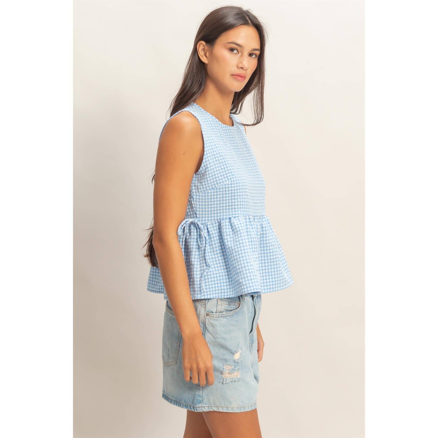 Gingham Sleeveless Peplum Top With Side Ties