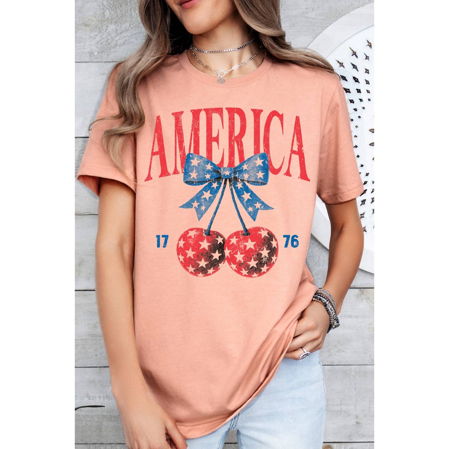 America Cherry Bow Short Sleeve T Shirt