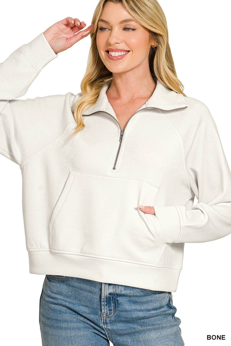 Scuba Half Zip Pullover With Kangaroo Pocket Zenana
