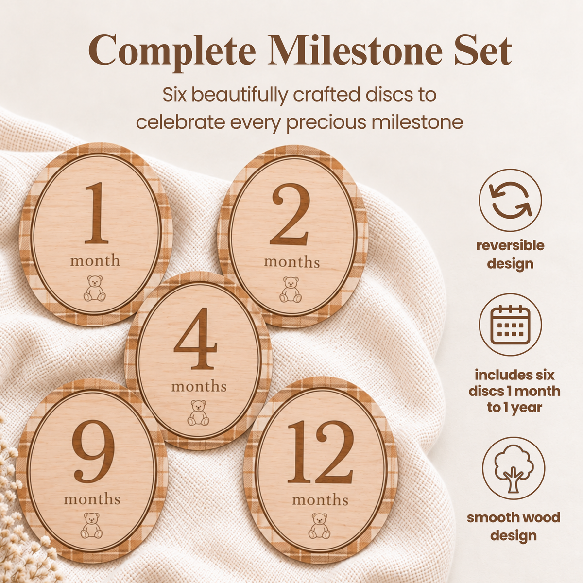 Wooden Monthly Milestone Photo Props Discs, Oval Bear