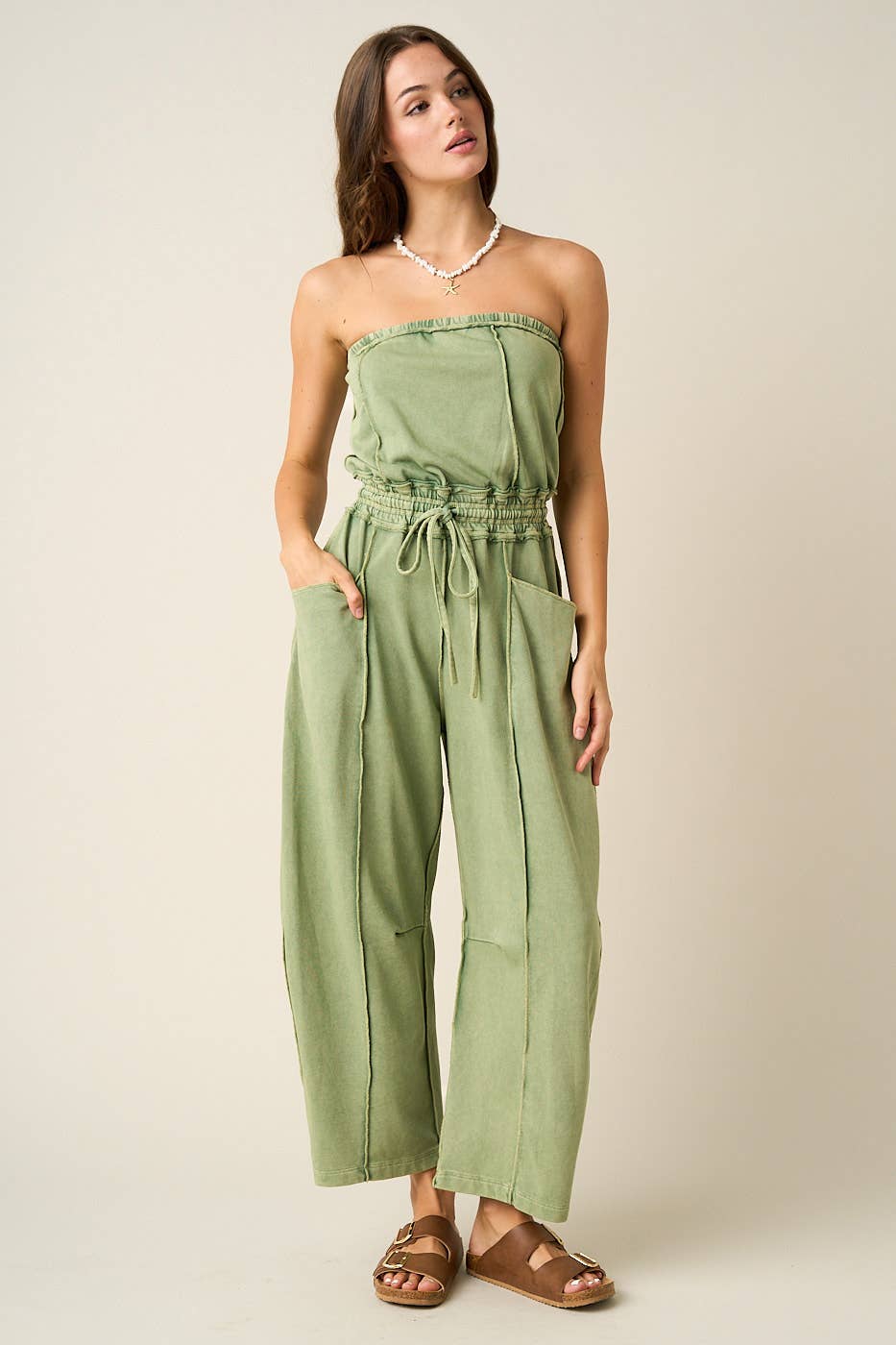 MINERAL WASH CONTRAST STITCH BARREL LEG JUMPSUIT