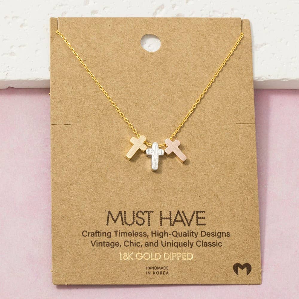 18K Gold Dipped 3 Cross Pendant Necklace