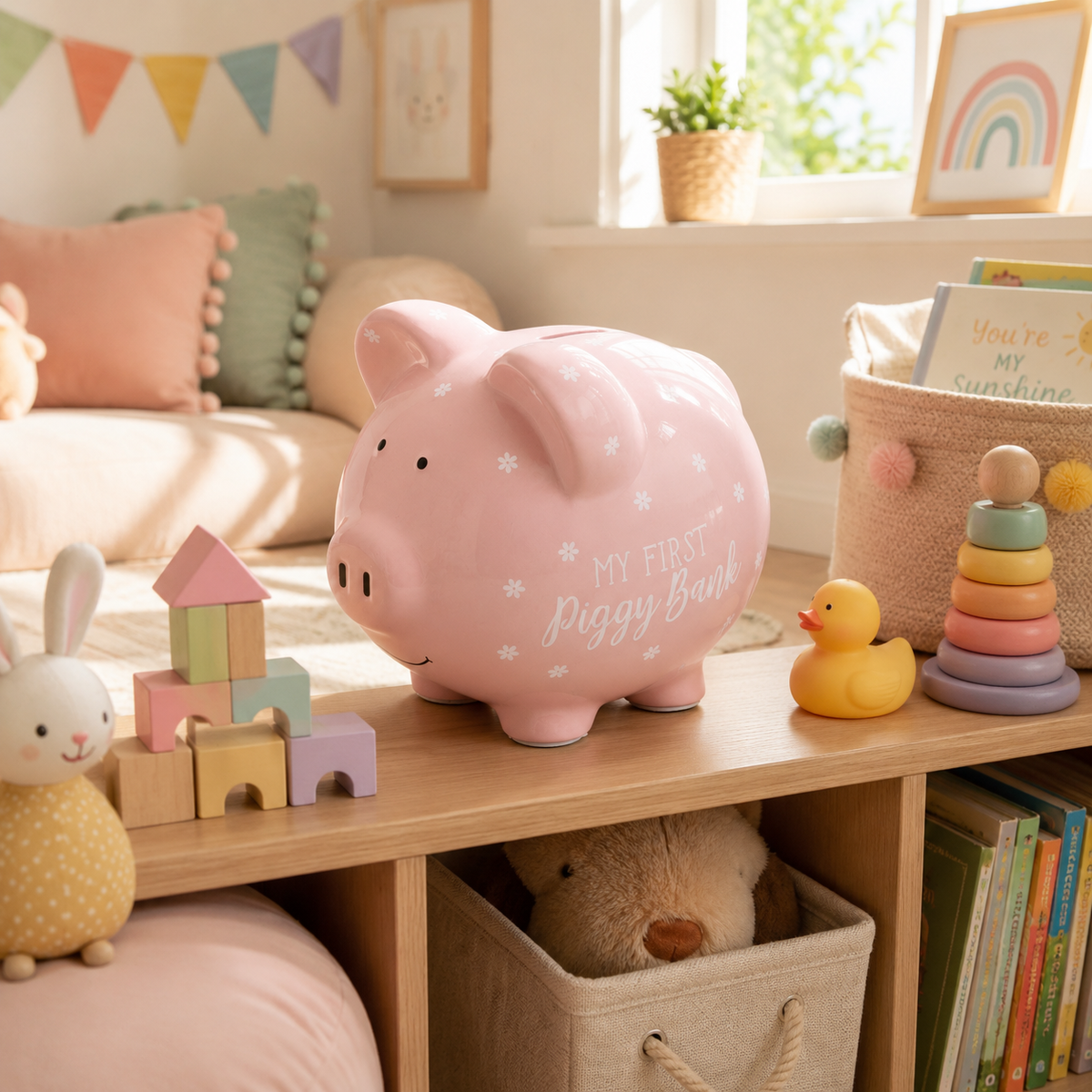 Large Ceramic My First Piggy Bank, Pink Floral