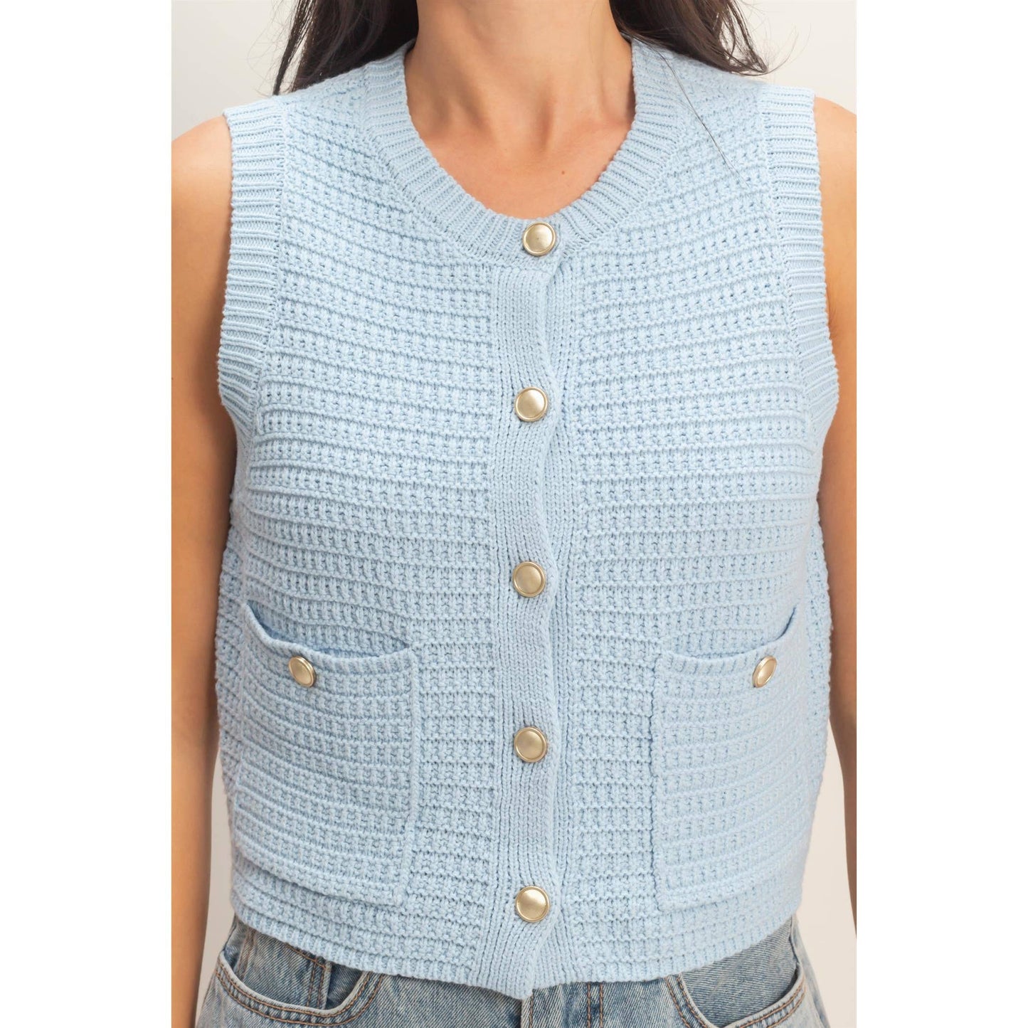 Textured Button-Front Vest With Pocket