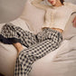 PLAID CHECK WIDE LEG PULL ON WIDE LEG PANTS WITH LACE