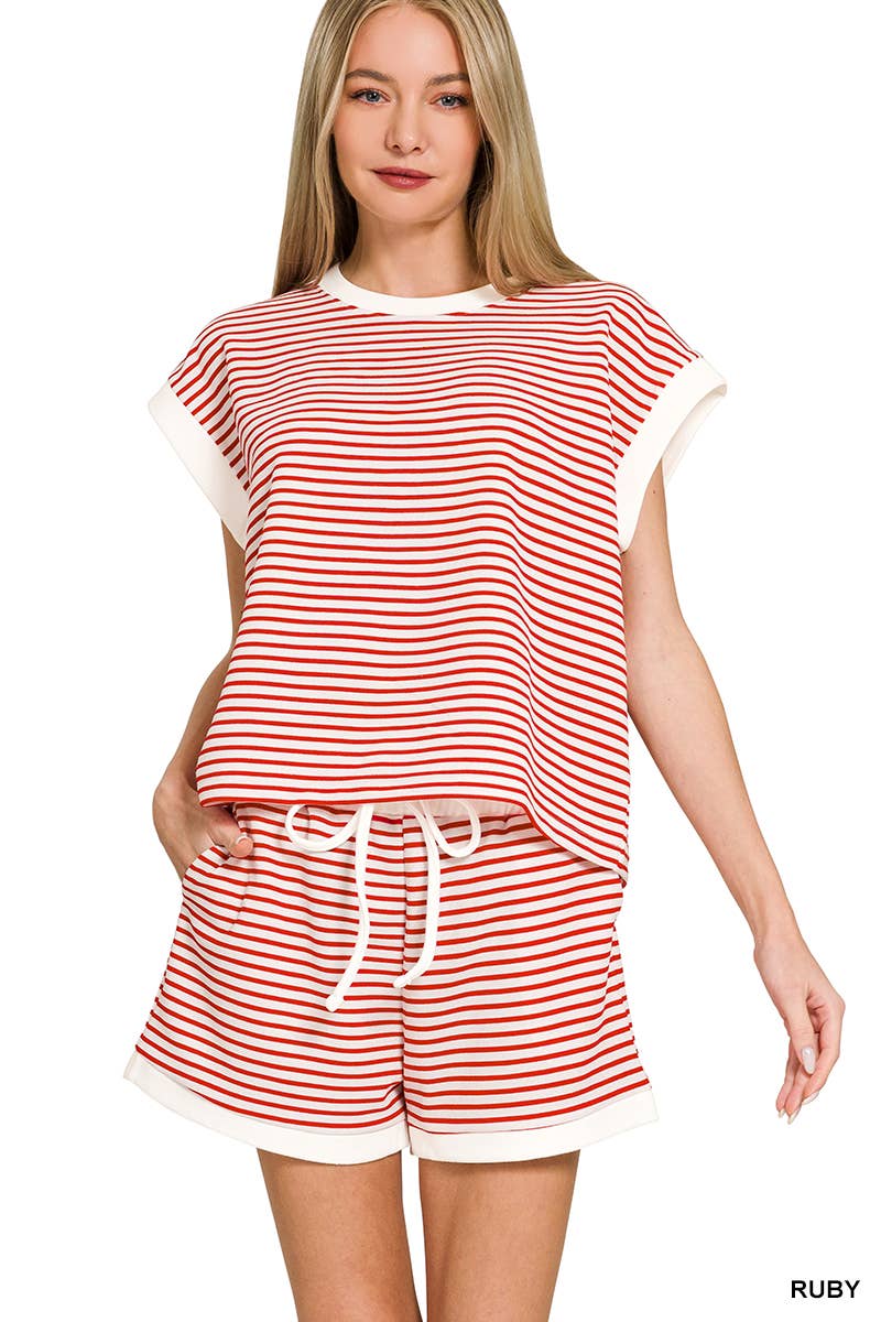 ....Stripe Contrast Trim Top & Shorts Set