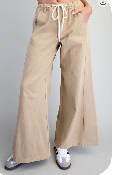 Washed Drawstring Wide Lef Pants