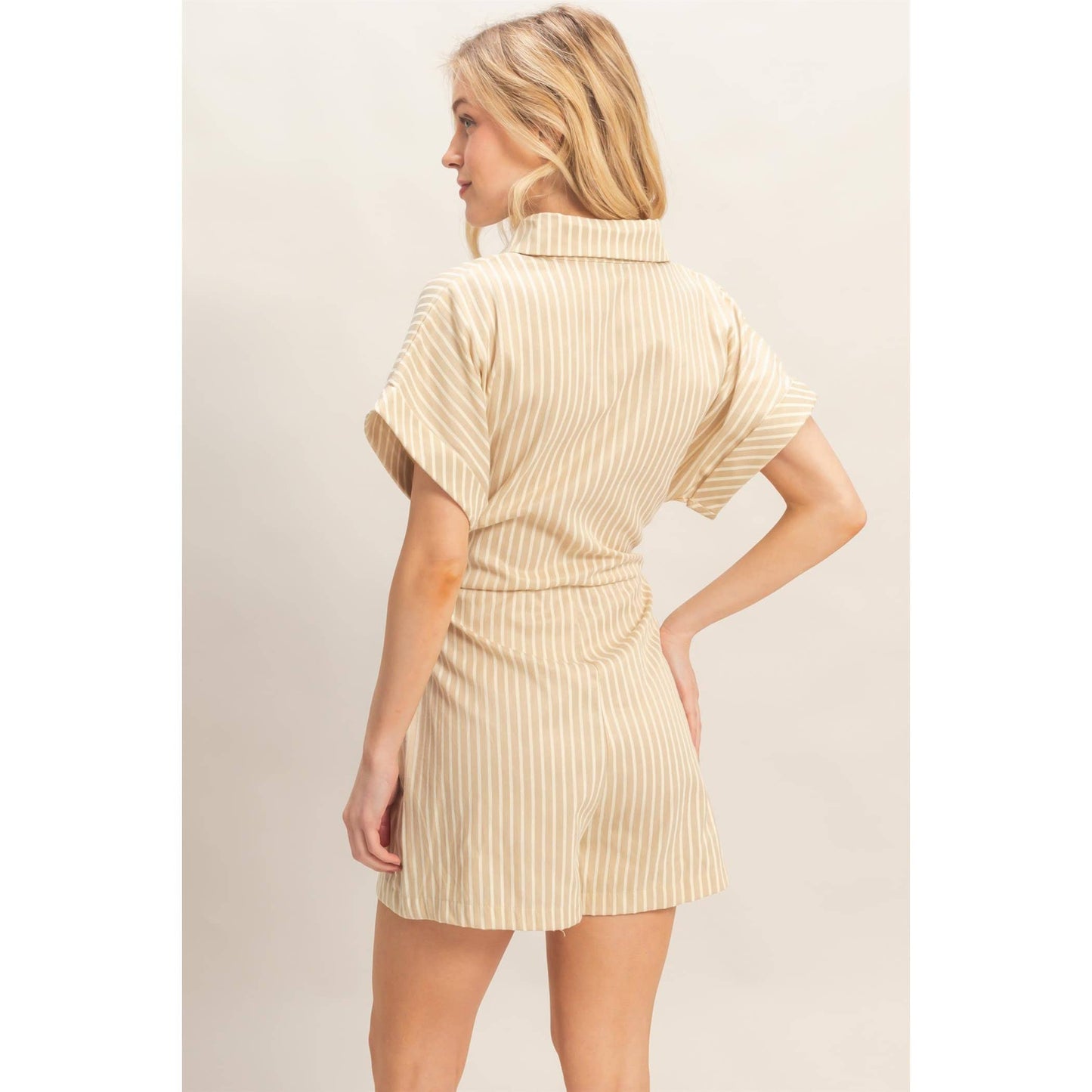 Collared Striped Romper With Sash