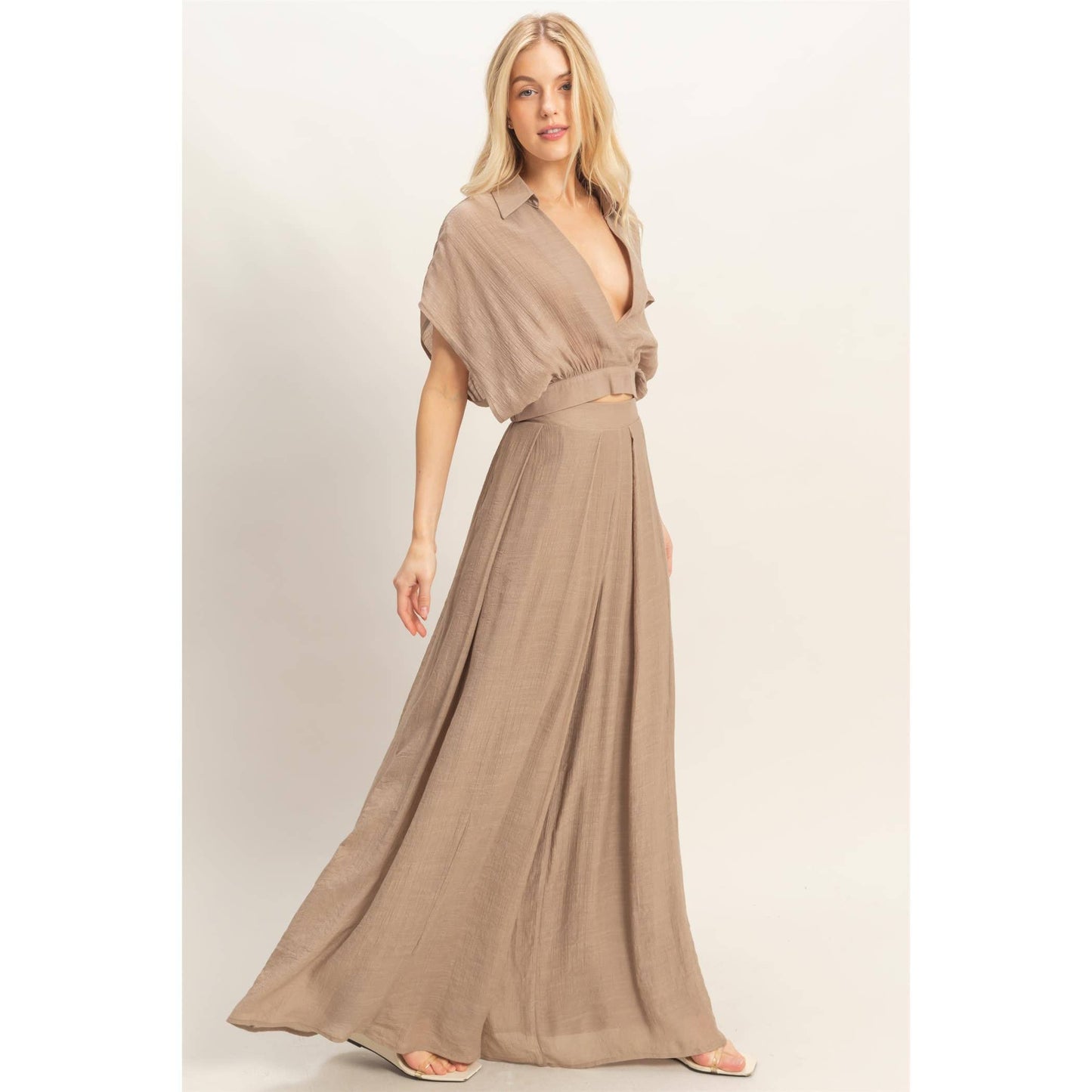 Collared Wrap Top & Wide-Leg Pants Set