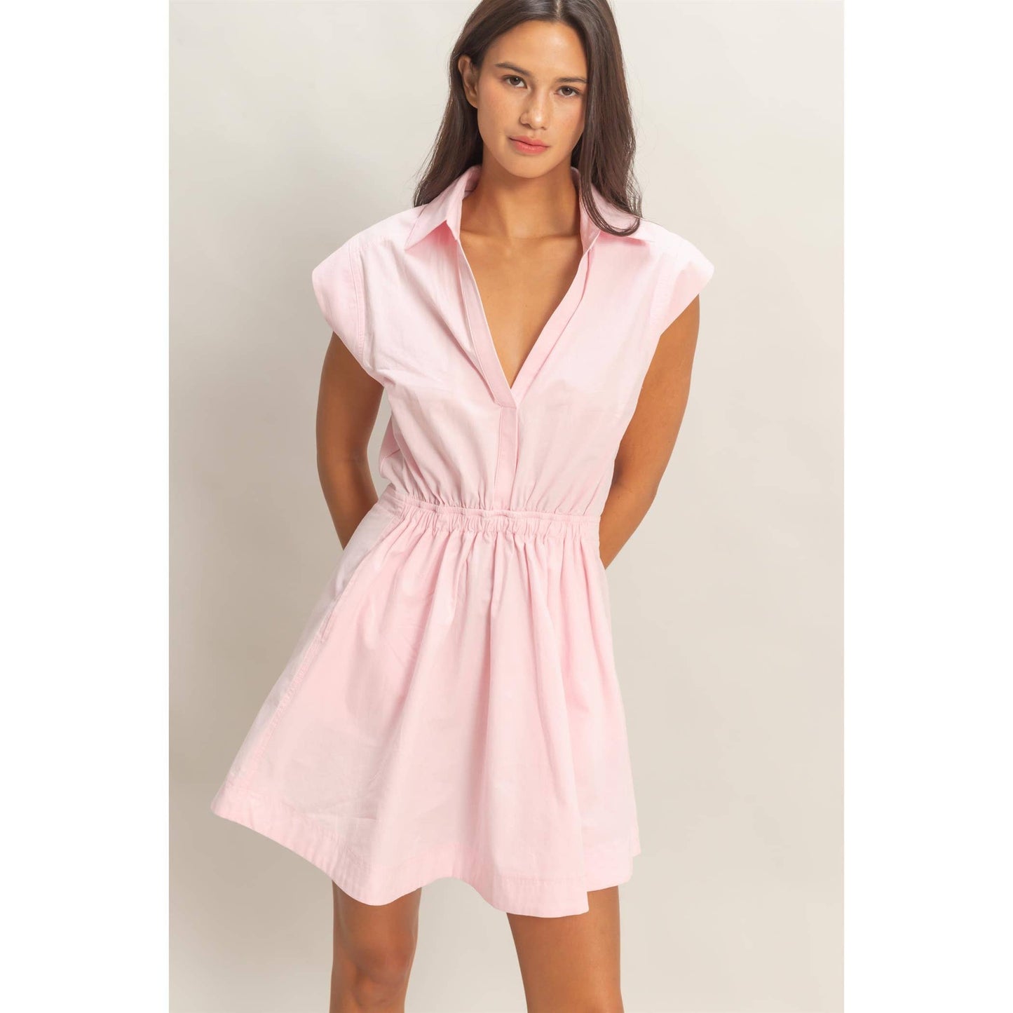 Sleeveless Collared Shirred Mini Dress