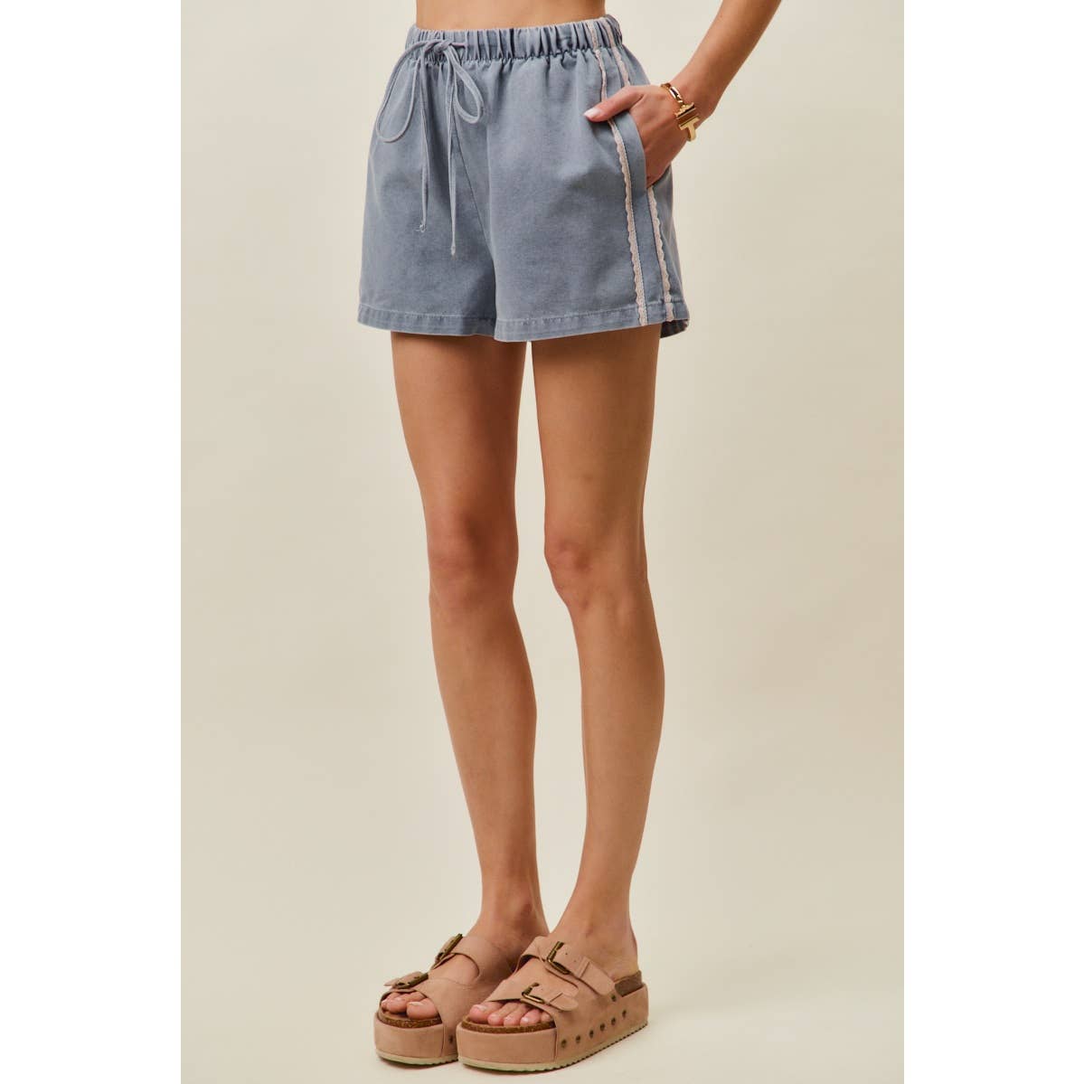 SIDE LACE DETAIL DENIM PULL ON SHORTS