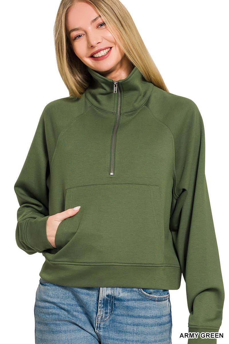 Scuba Half Zip Pullover With Kangaroo Pocket Zenana