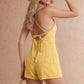 Washed Denim V-Neck Romper with Pleat Detail & Tie Straps
