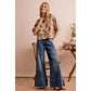 WIDE LEG FLARE WASHED DENIM JEANS WITH SIDE SEAM