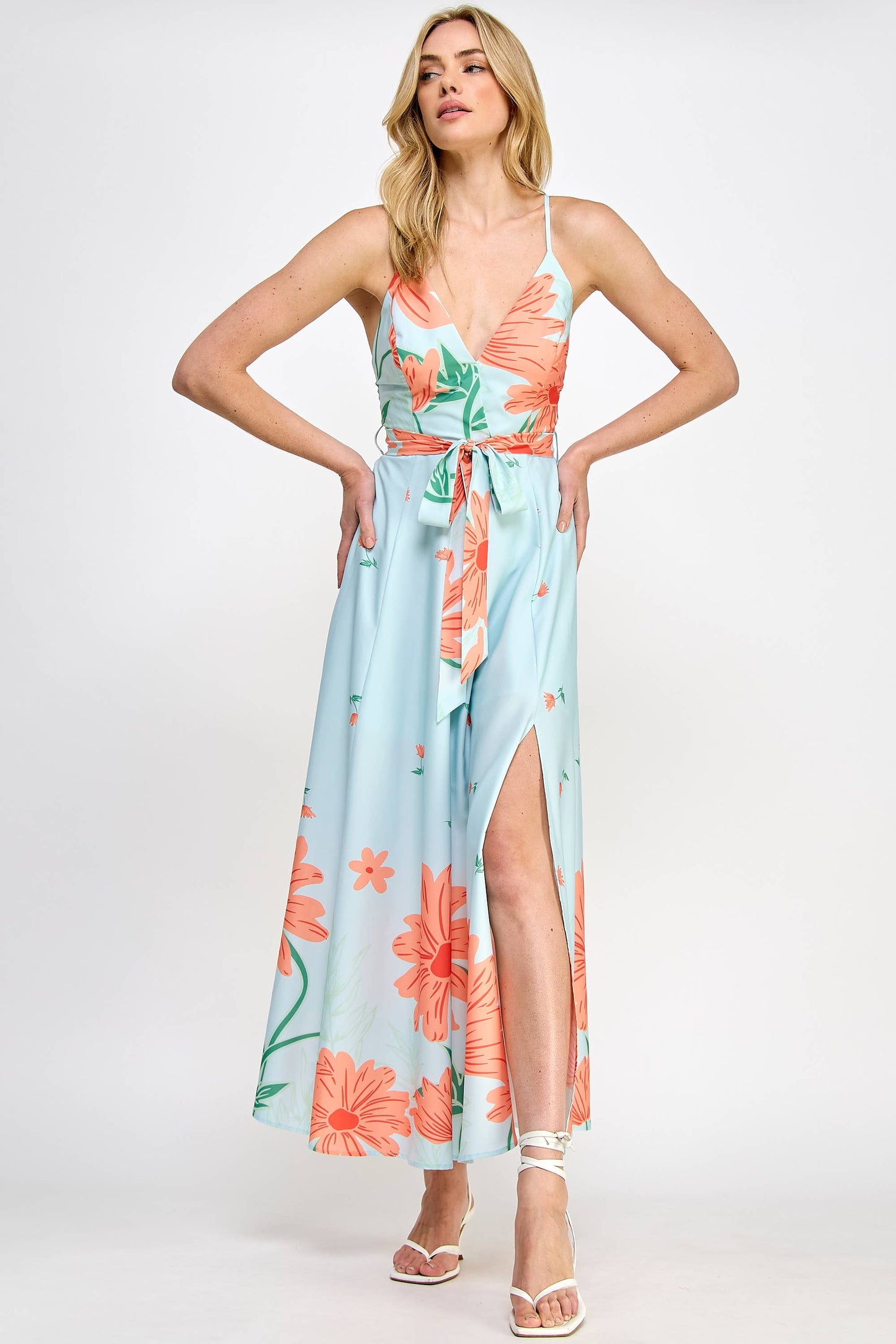 Floral Border Print Side Slit Maxi Dress