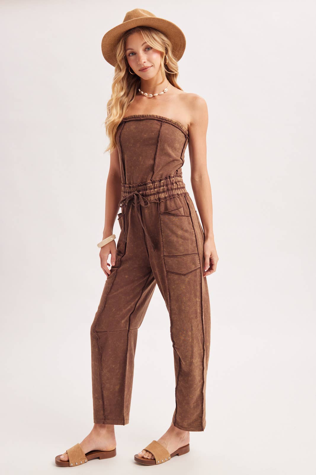 WASHED STRAPLESS SMOCKED WAIST DRAWSTRING JUMPSUIT