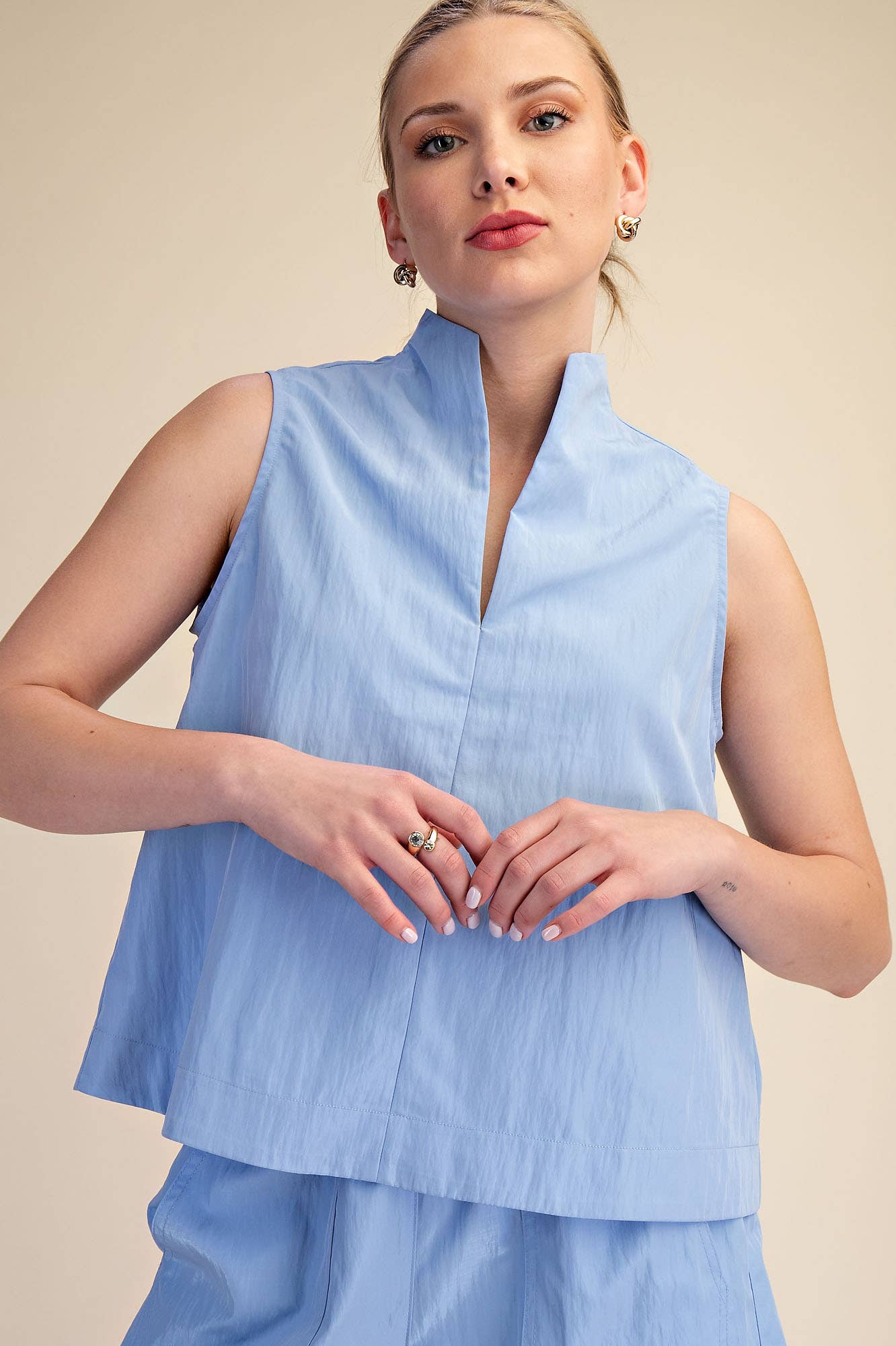 Stand Collar Slit V-Neck Sleeveless Top