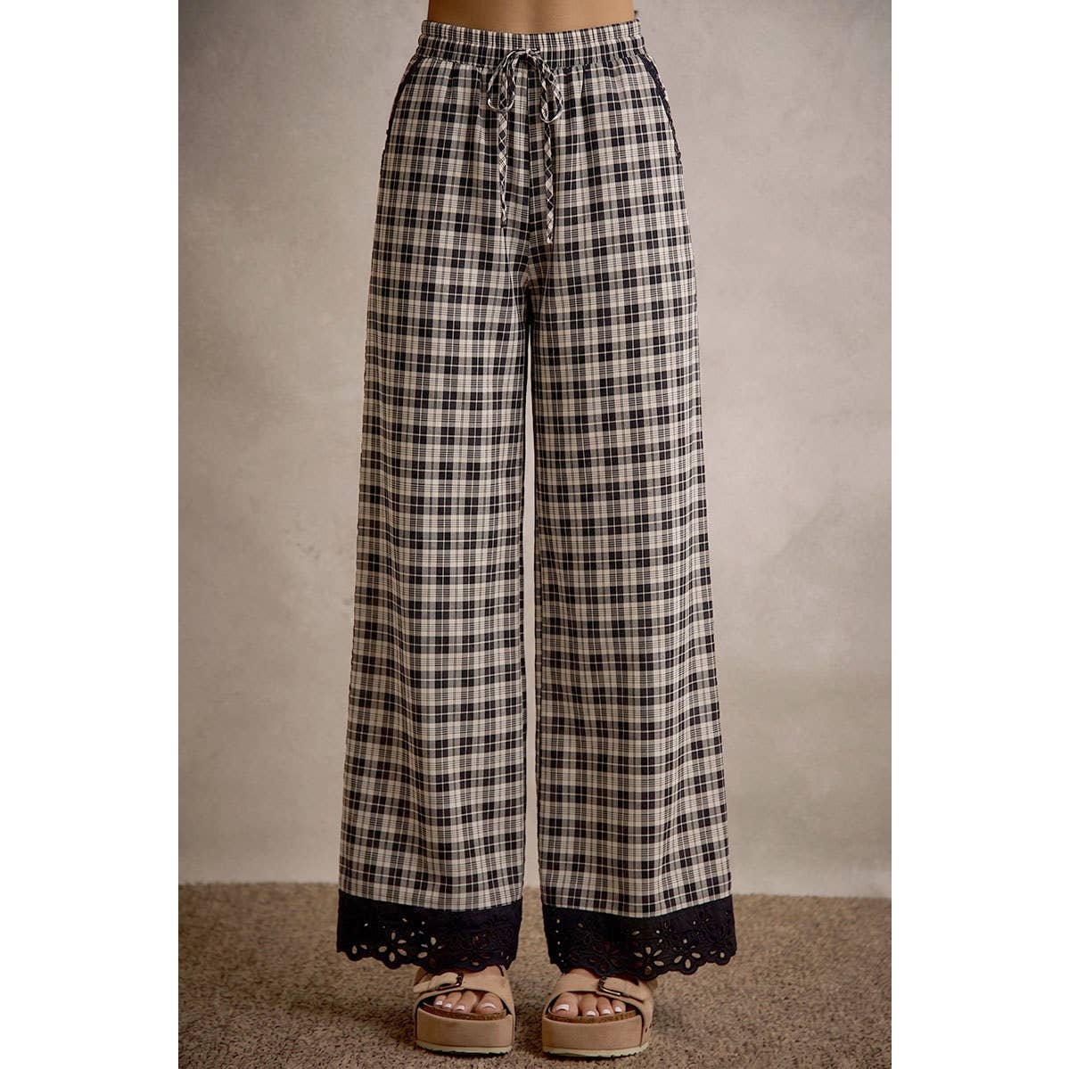 PLAID CHECK WIDE LEG PULL ON WIDE LEG PANTS WITH LACE