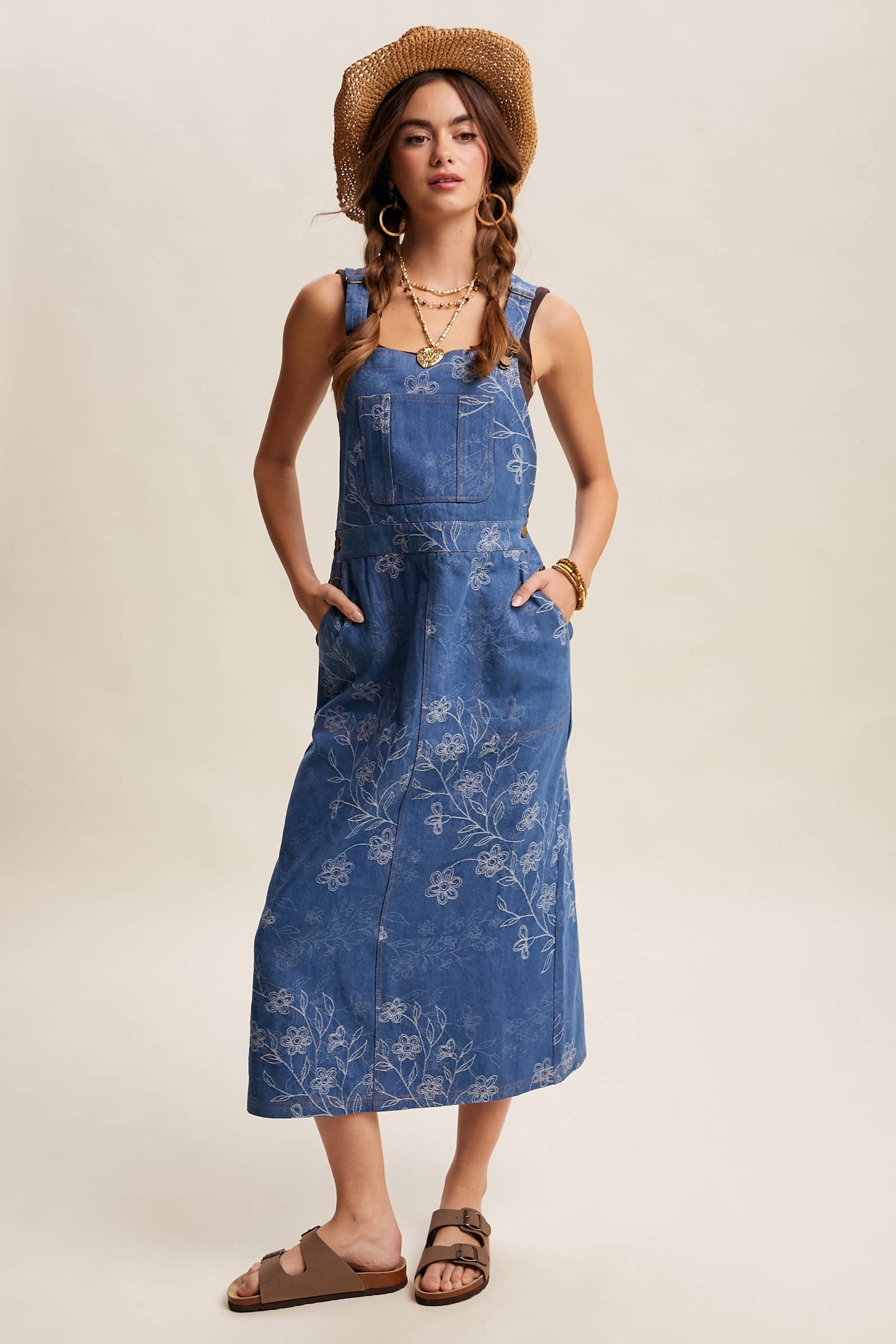 Floral Embroidered Denim Overall Dress LD1615