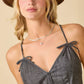 Washed Denim V-Neck Romper with Pleat Detail & Tie Straps