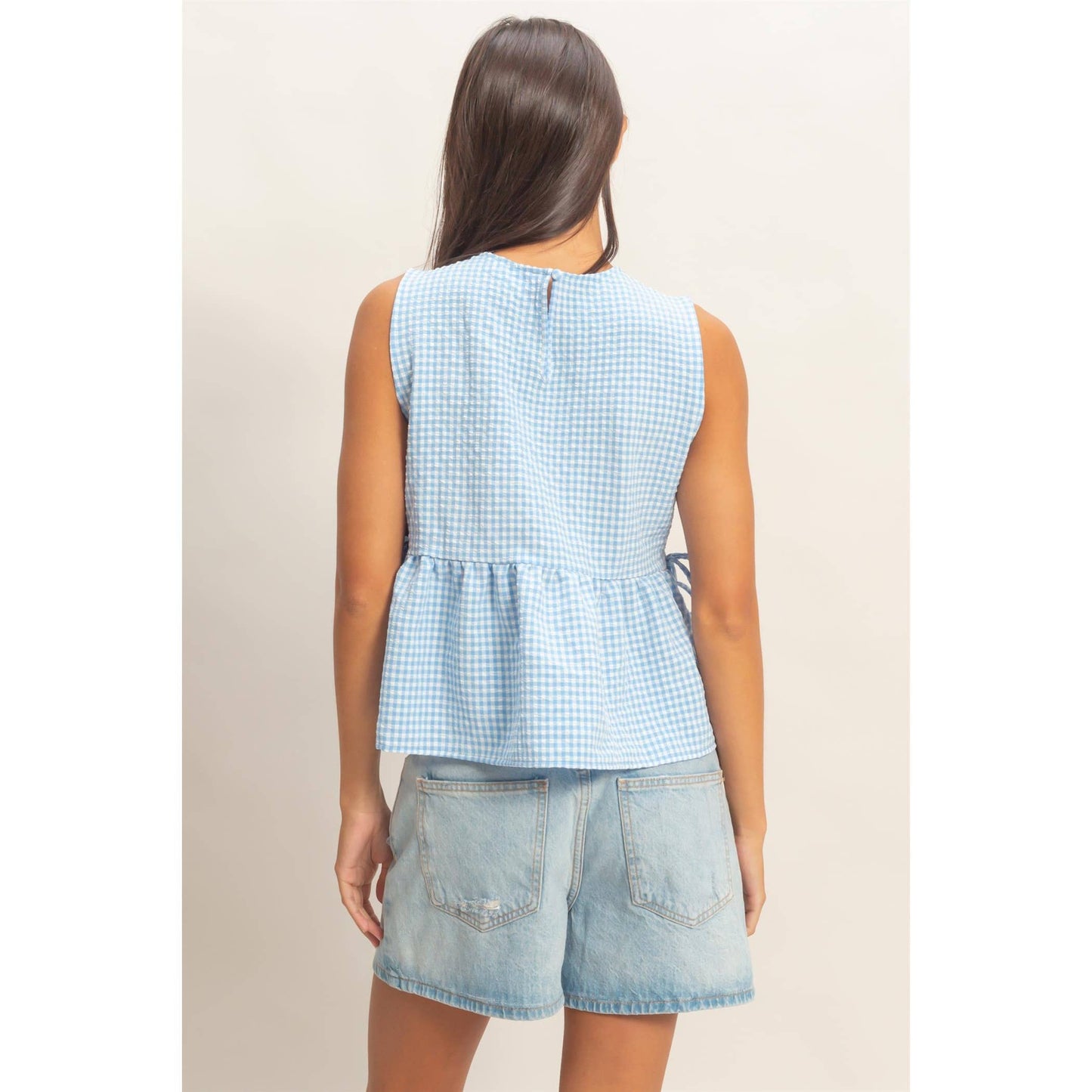Gingham Sleeveless Peplum Top With Side Ties