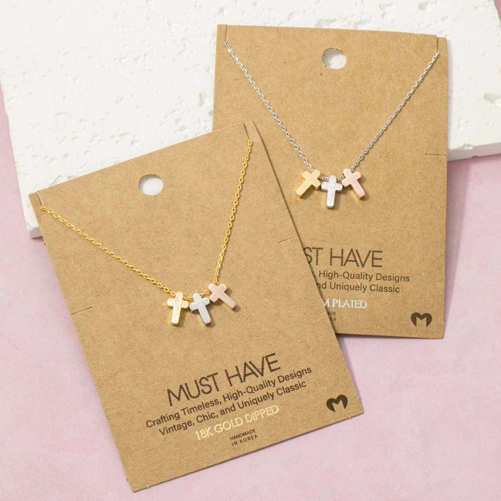 18K Gold Dipped 3 Cross Pendant Necklace