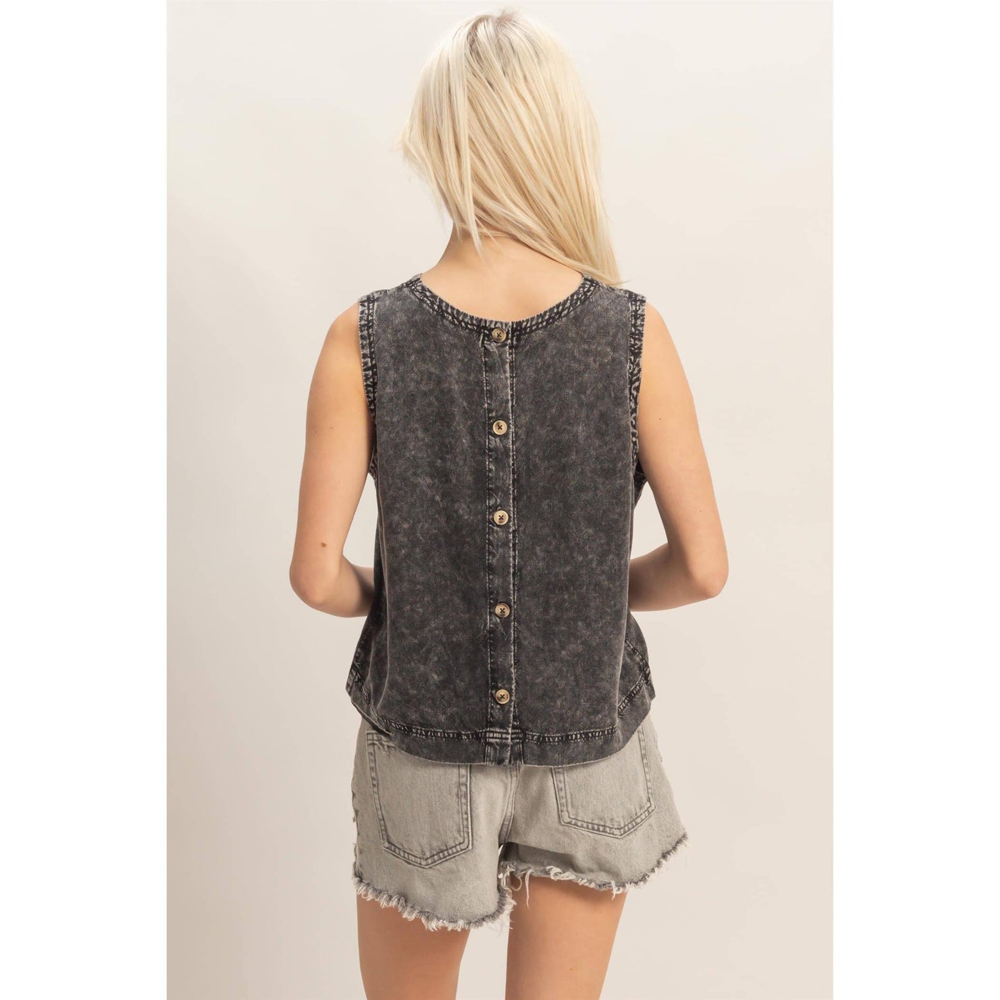 Mineral Wash Button Back Sleeveless Top