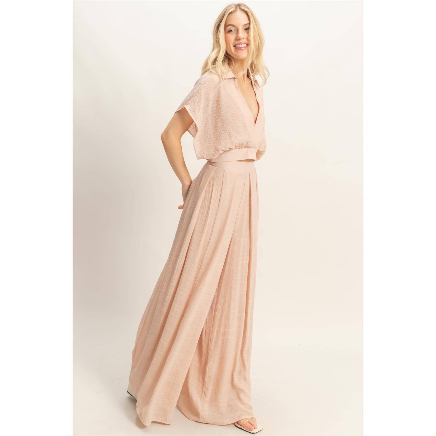 Collared Wrap Top & Wide-Leg Pants Set