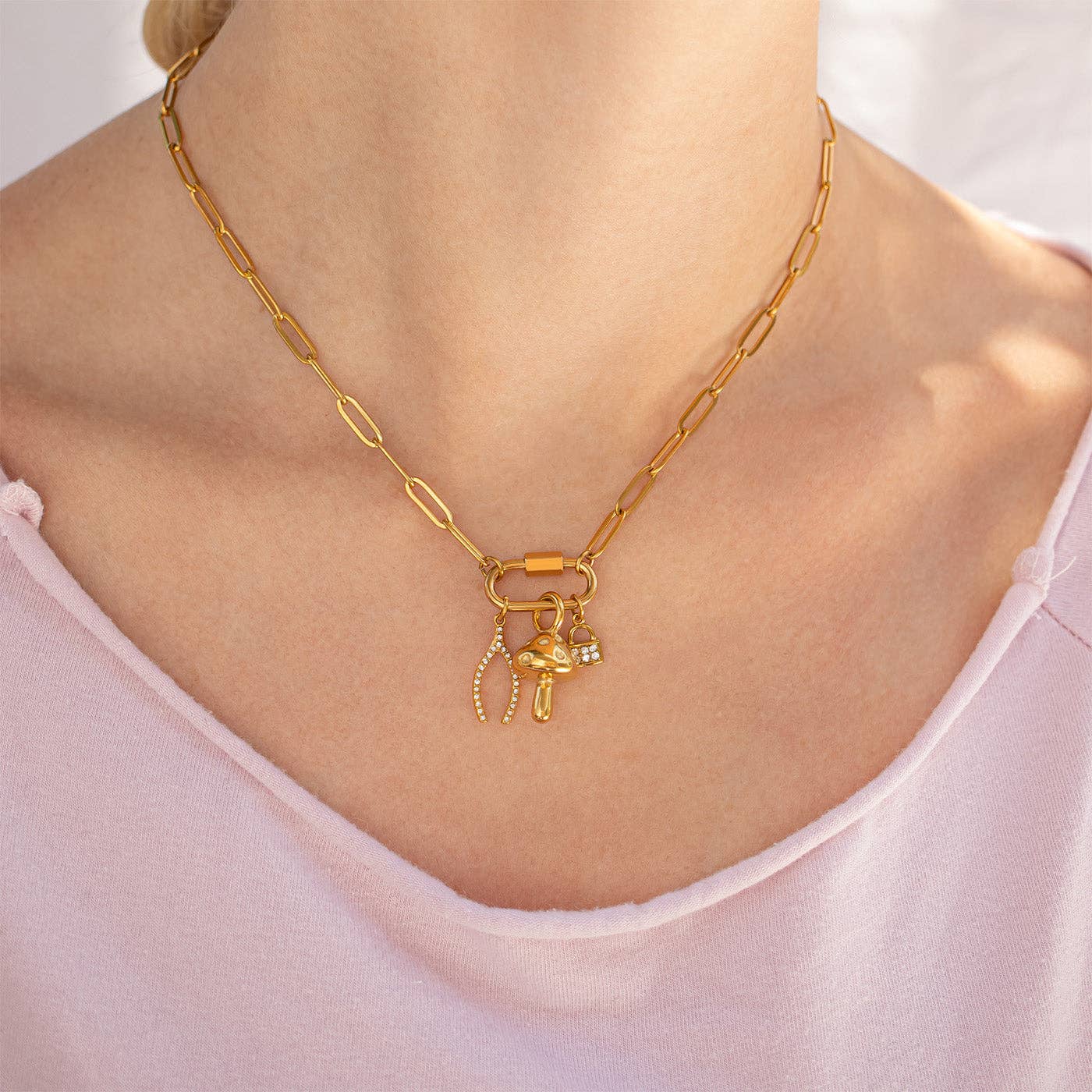18K Gold PVD Paperclip Carabiner Necklace