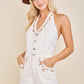 Embroidered Halter Romper with Button Front
