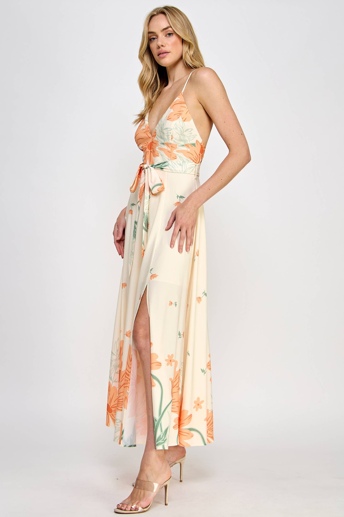 Floral Border Print Side Slit Maxi Dress