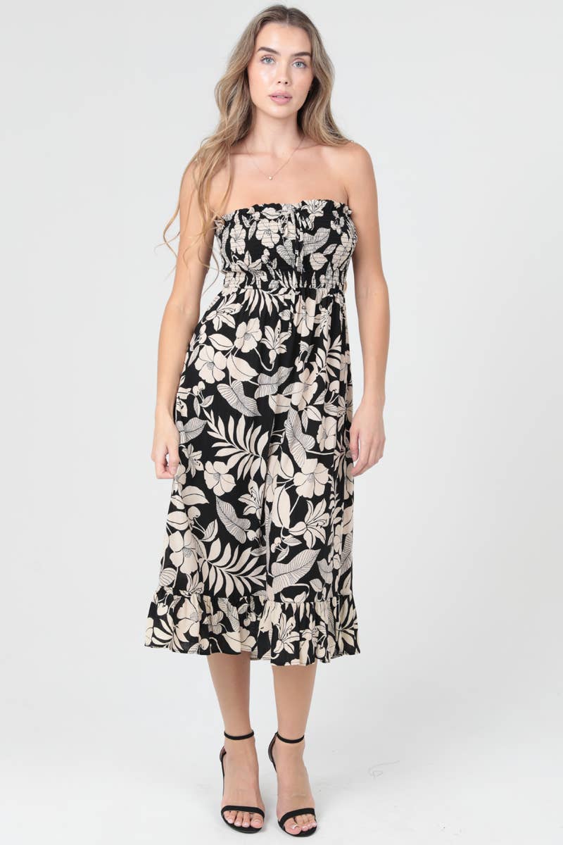 C4F45-A920 SMOCKED BODICE STRAPLESS MIDI DRESS W POCKETS