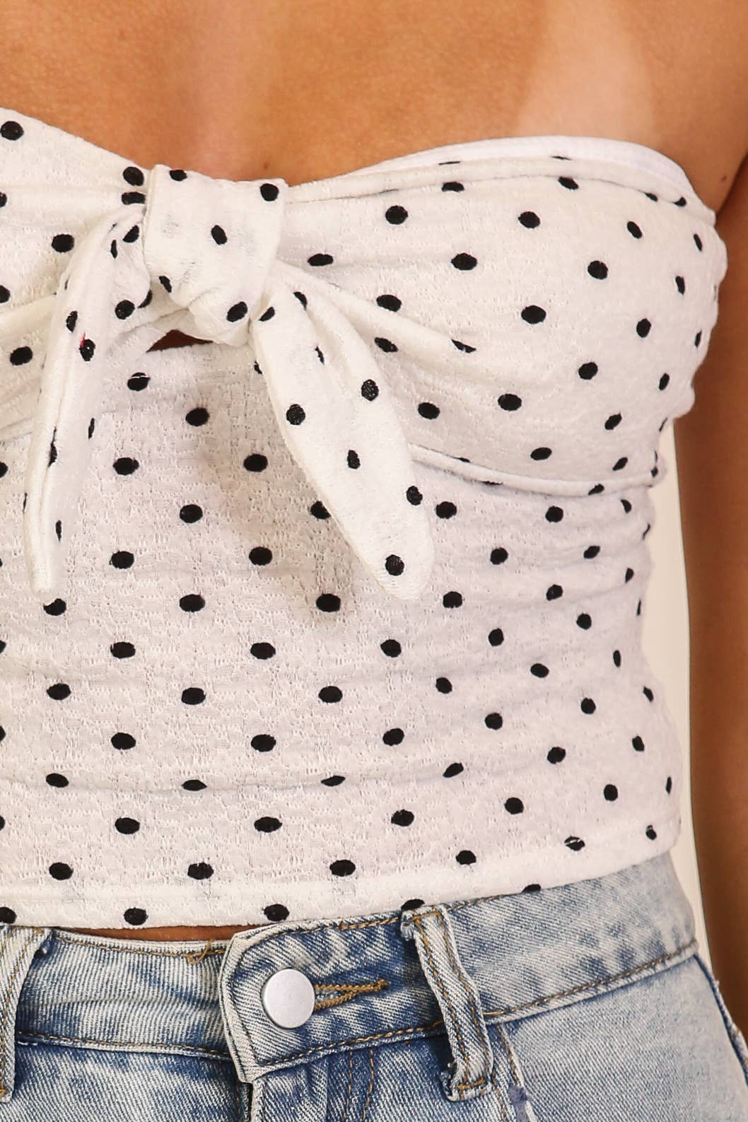 Polka Dot Tie-Front Strapless Top