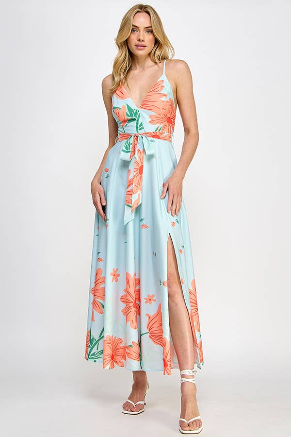 Floral Border Print Side Slit Maxi Dress