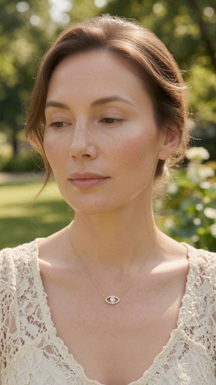 White Eye of Protection (Evil Eye) - 18K Gold Plated, Waterproof CZ Necklace